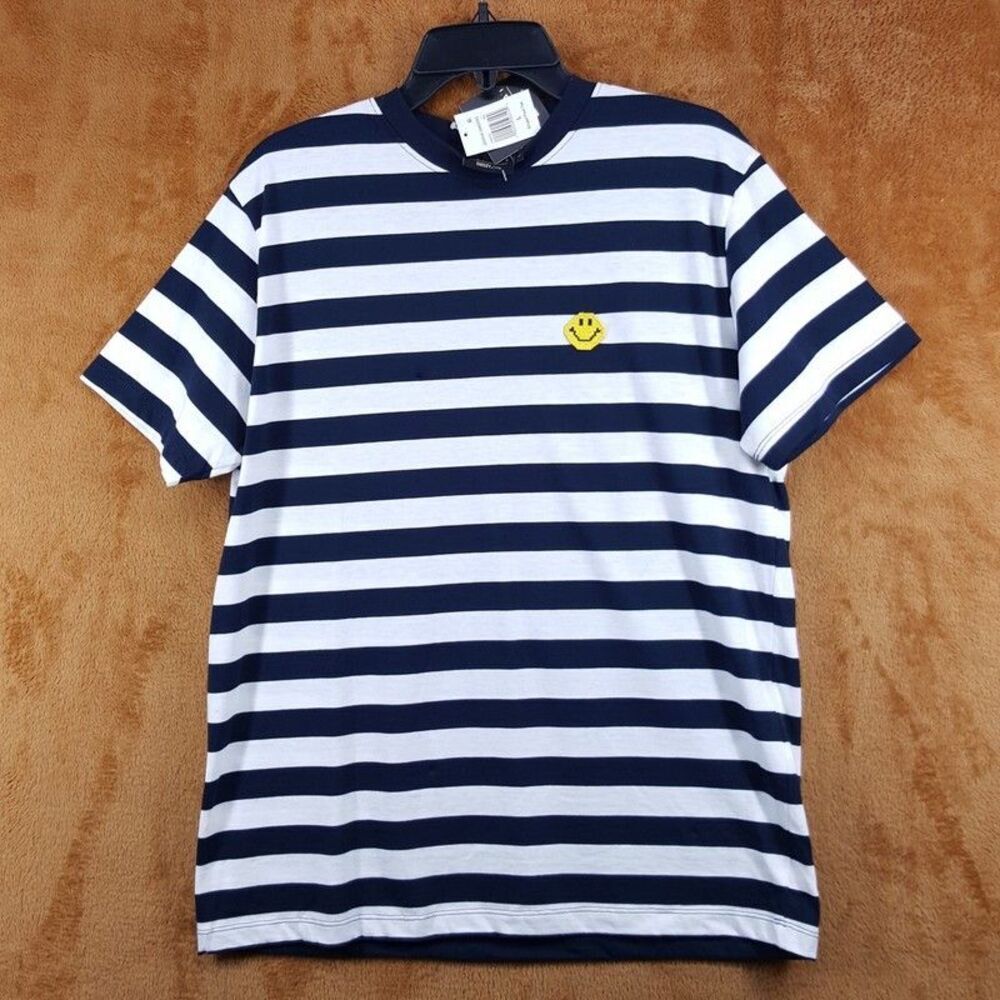 JOSHUA SANDERS Shirt Mens Large Navy White Stripe Smiley Face Pixel Tee $156